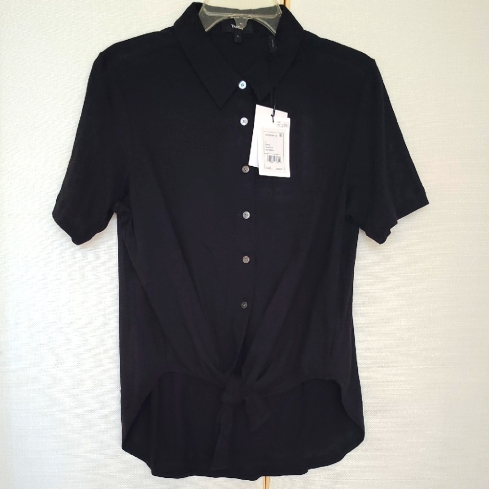 Theory Hekanina Black Tie-Front Button-Up Shirt | Size L. - Picture 2 of 8